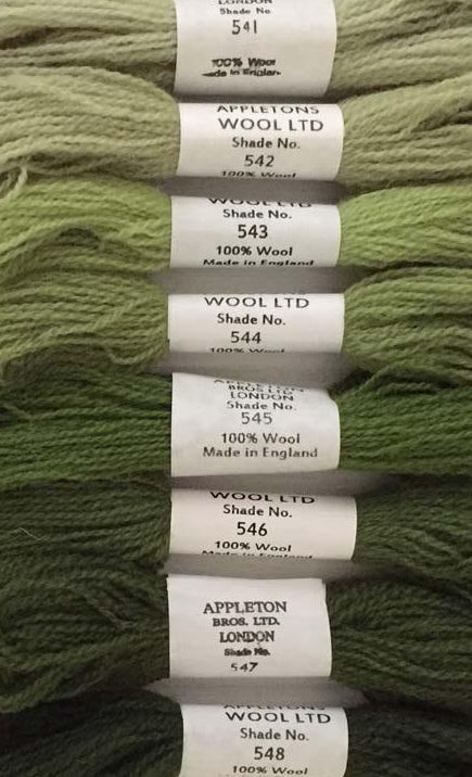 Appleton Tapestry Wools - Early English Green Set, 10m Skeins 541-548