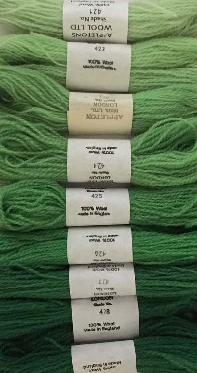 Appleton Tapestry Wools - Leaf Green Set, 10m Skeins 421-429