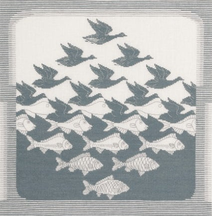 Bird-Fish Cross Stitch Kit, Permin 90-3400 -Grey