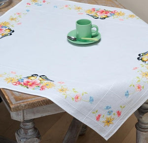 Great Tits and Flowers Cross Stitch Kit Tablecloth, Vervaco pn-0156340