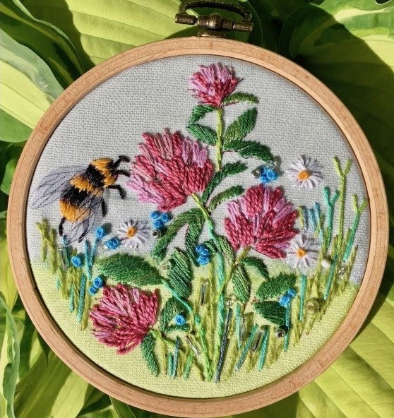 Bumblebee in Clover Embroidery Kit, (with hoop) Rowandean Embroidery
