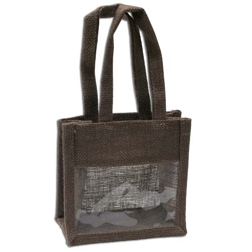 Jute Window Bag, Gift Bag, Needlework Organiser Bag - Small, Brown