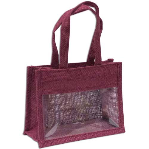 Jute Window Bag, Gift Bag, Needlework Organiser Bag -Medium, Burgundy