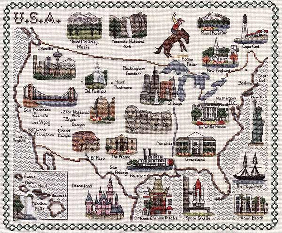 Map of America Cross Stitch Kit, Classic Embroidery SA216