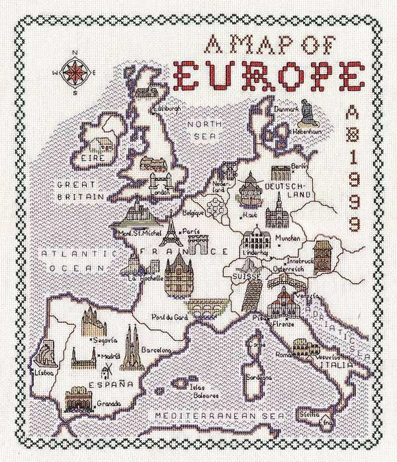Map of Europe Cross Stitch Kit, Classic Embroidery SA036