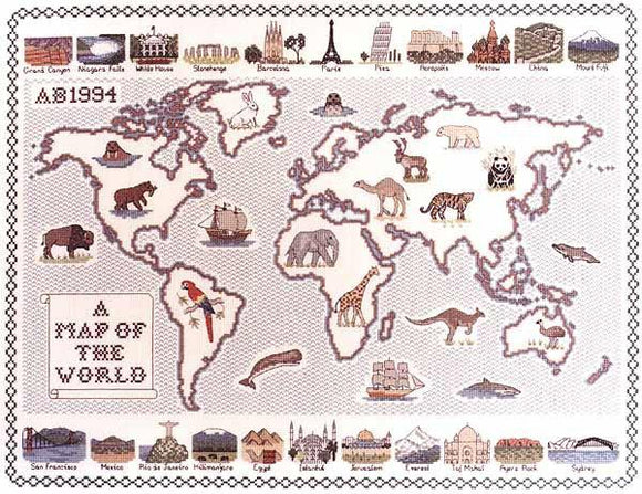 Map of the World Cross Stitch Kit, Classic Embroidery SA092