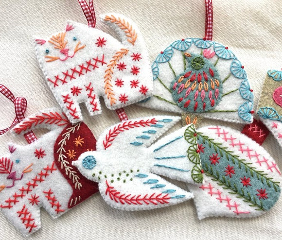 Folk Art Decorations Wool Felt Embroidery Kit, Nancy Nicholson - set of 6