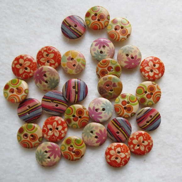 Natural Wood Buttons, Printed Wooden Button- RETRO SET (x11) 15mm
