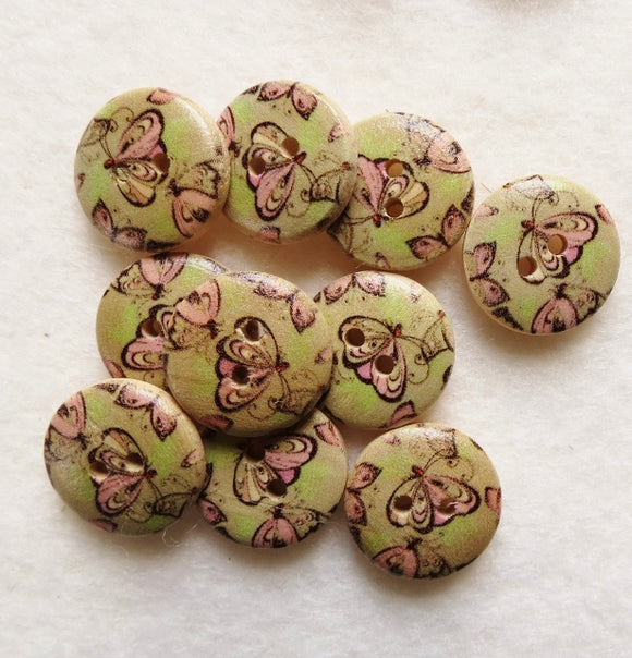 Natural Wood Buttons, Printed Wooden Button- Butterfly Meadow (x5) 15mm