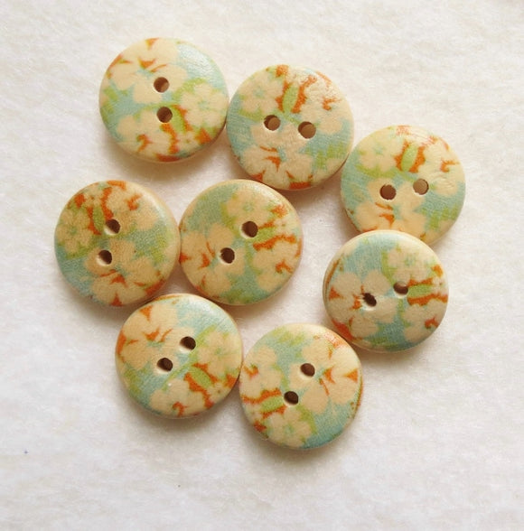 Natural Wood Buttons, Printed Wooden Button- Floral Fantasia (x5) 15mm