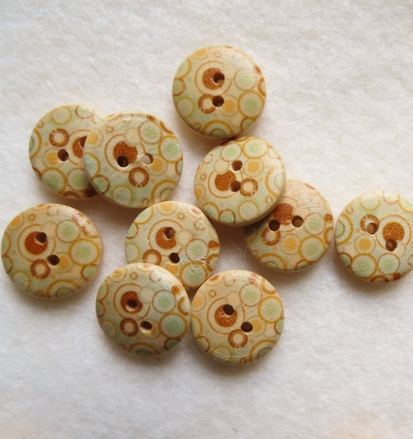 Natural Wood Buttons, Printed Wooden Button- Retro Bubbles (x5) 15mm