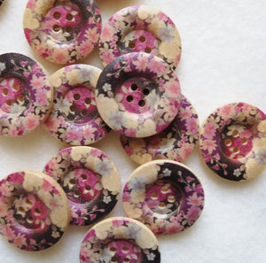 Natural Wood Buttons, Printed Wooden Button- Cottage Garden 25mm