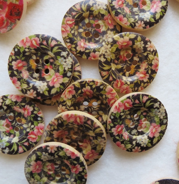 Natural Wood Buttons, Printed Wooden Button - Garden Bouquet 25mm