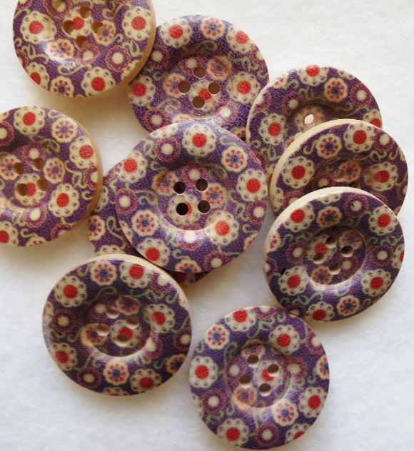 Natural Wood Buttons, Printed Wooden Button - Retro Floral 25mm