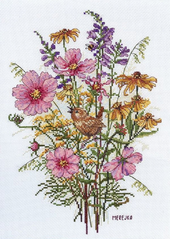 September Flowers and Wren Cross Stitch Kit, Merejka K-197
