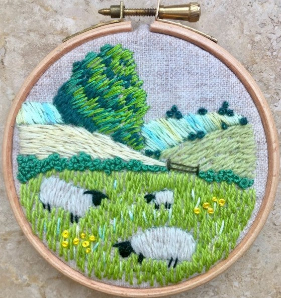 Sheep in a Meadow Embroidery Kit, (with hoop) Rowandean Embroidery