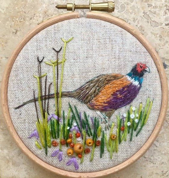 Woodland Pheasant Embroidery Kit, (with hoop) Rowandean Embroidery